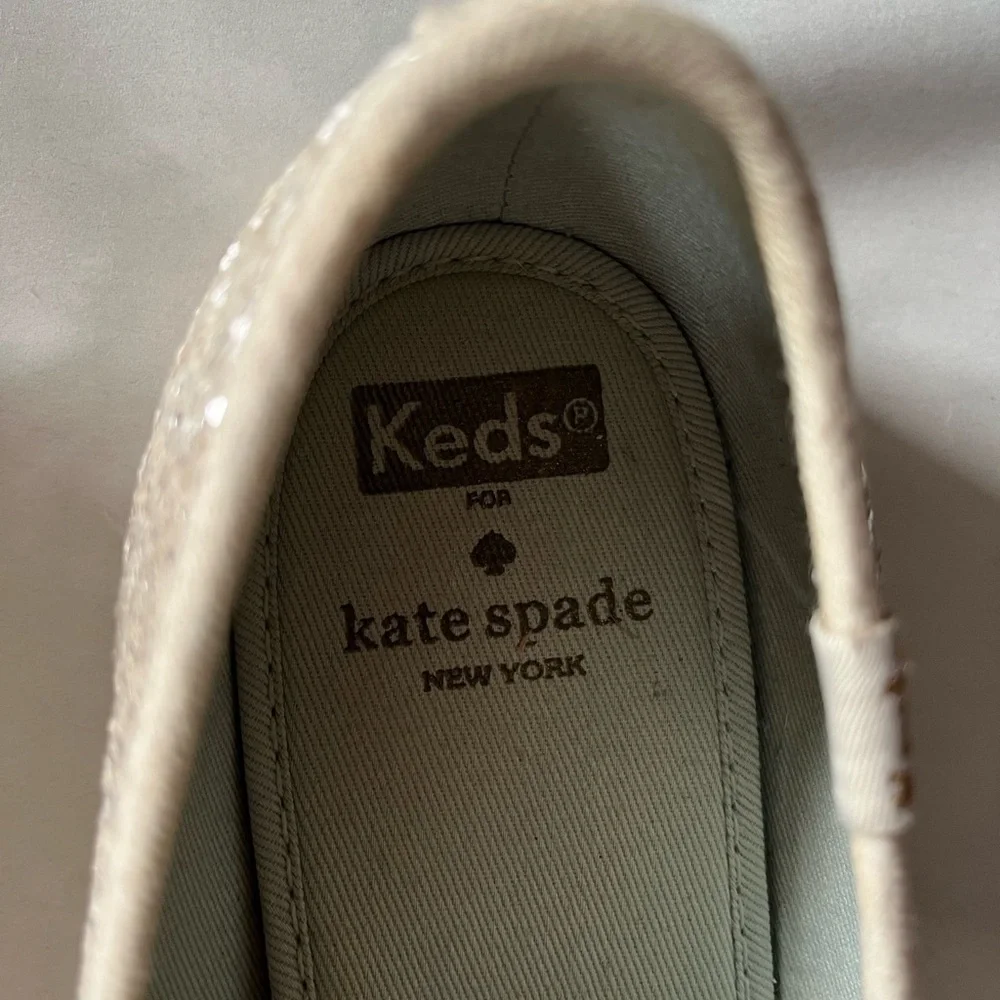 Kate Spade Keds Blinged Out Cream Glitter Canvas Sneakers Fun Ribbon Lac…